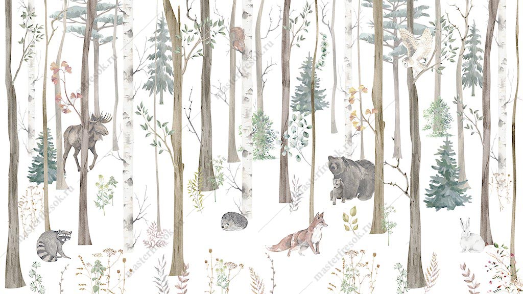 Фотообои Зимний лес с животными